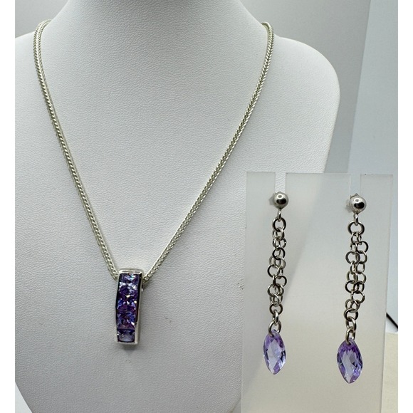 Jewelry - Silver Tone Purple Crystal Bar Pendant Necklace and Marquise Drop Earring Set